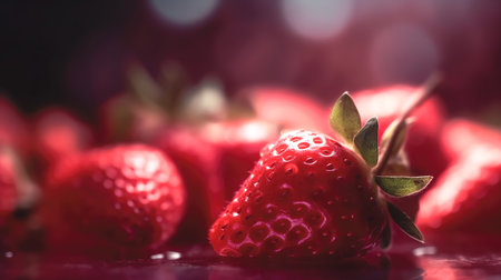 Appetizing juicy strawberry on a blurred dark background, close-up.の素材