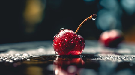 Ripe appetizing wet cherry in water drops on a blurred background, close up.の素材