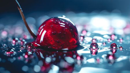 Ripe appetizing wet cherry in water drops on a blurred background, close up.の素材