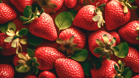 Food background, appetizing red strawberries with green leaves.の素材