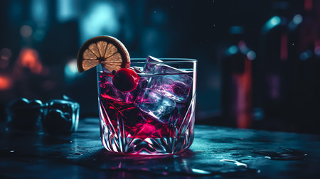 A glass with a cooling alcoholic cocktail on a blurred background of a bar interior.の素材