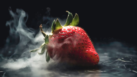 Appetizing juicy strawberry on a blurred dark background, close-up.の素材