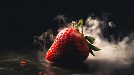 Appetizing juicy strawberry on a blurred dark background, close-up.の素材