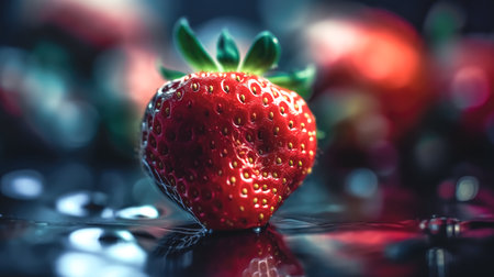 Appetizing juicy strawberry on a blurred dark background, close-up.の素材