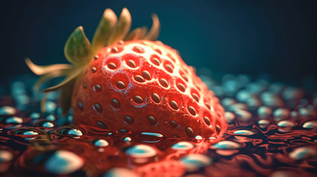 Appetizing juicy strawberry on a blurred dark background, close-up.の素材