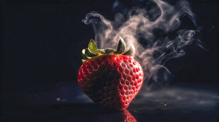 Appetizing juicy strawberry on a blurred dark background, close-up.の素材