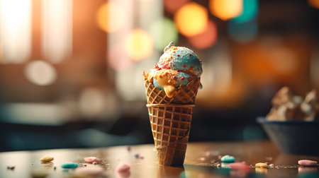 Appetizing ice cream in a waffle cone on a blurred colorful background.の素材