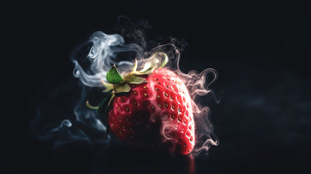Appetizing juicy strawberry on a blurred dark background, close-up.の素材