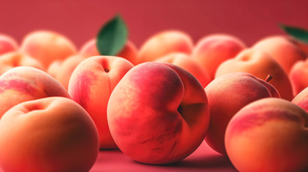 Ripe appetizing peaches on a blurred background, close up.の素材