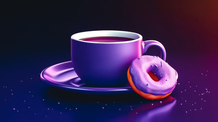 Cup of coffee or cocoa and donut on purple background isolated.の素材