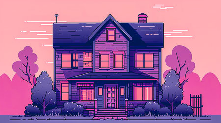 Creative illustration with big house on pink background, dream house.の素材