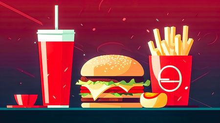 Creative illustration with burger, fries and soda, fast food concept.の素材