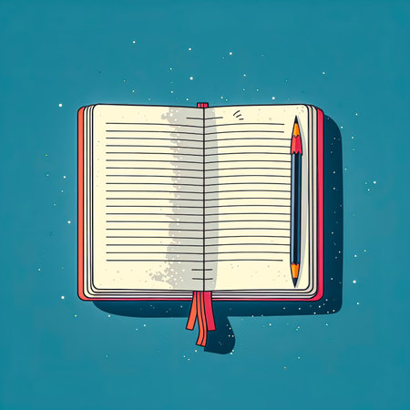 Cartoon illustration with notepad and pen on color background.の素材