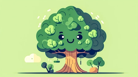 Funny cartoon tree smiling, cartoon illustration, nature care concept.の素材