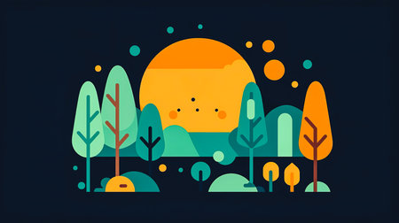 Illustration with sun and trees on a dark background.の素材