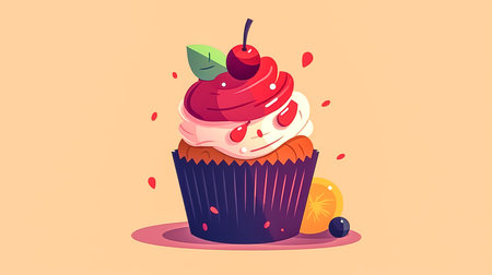 Cupcake decorated with whipped strawberry cream isolated, Birthday cupcake.の素材