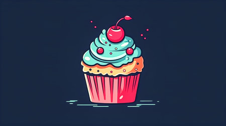 Cupcake decorated with whipped strawberry cream isolated, Birthday cupcake on blue background.の素材