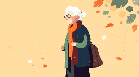 Illustration with cute gray-haired old woman, postcard design.の素材