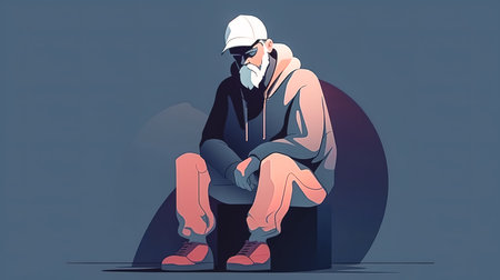 A sad old man with a beard sits in a tracksuit and a cap.の素材