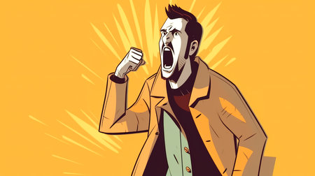 Cartoon illustration, a man screams in anger, emotion of anger, hatred.の素材