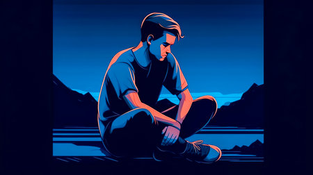 A sad young man sits at night on a blue background with his head down.の素材