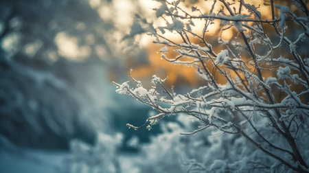 Abstract blurred winter background with falling snow in the forest.の素材