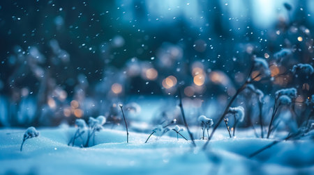 Abstract blurred winter background with falling snow in the forest.の素材