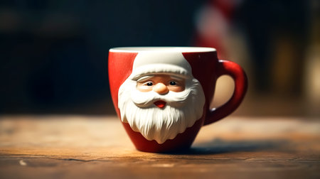 Christmas cup design with Santa Claus face on blurred dark background.の素材