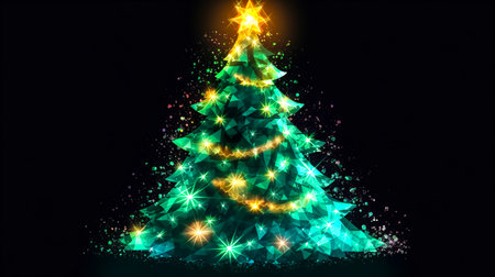 Creative illustration with a Christmas tree in different colors, neon lights on a dark background.の素材
