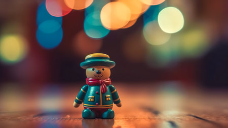 Christmas background with teddy bear on a blurred background with bokeh, copy space.の素材