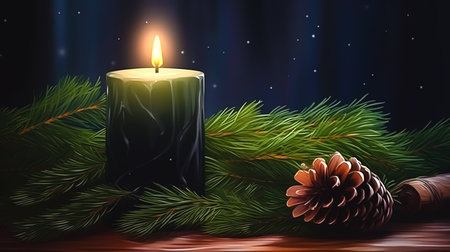 Christmas background with a burning candle, a cone and branches of a Christmas tree.の素材