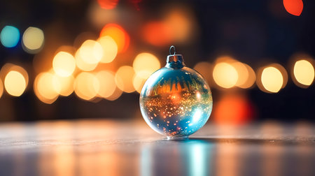 Christmas ball on a blurred colored background with bokeh lights, copy space.の素材
