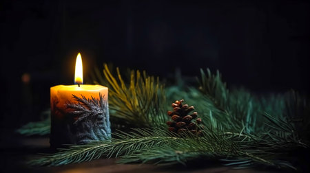 Christmas background with a burning candle, a cone and branches of a Christmas tree.の素材