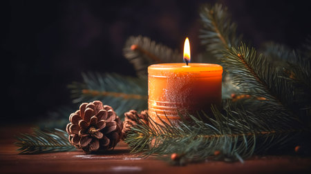 Christmas background with a burning candle, a cone and branches of a Christmas tree.の素材