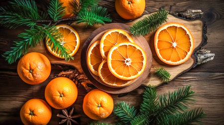 Oranges and branches of a Christmas tree on a wooden background, top view.の素材