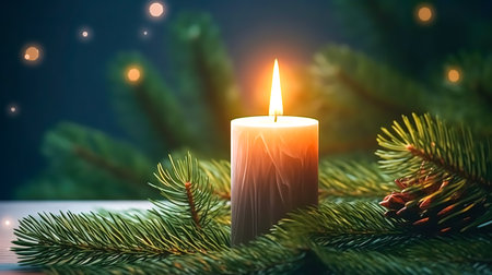 Christmas background with a burning candle, a cone and branches of a Christmas tree.の素材