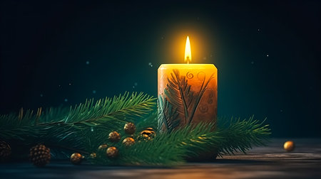 Christmas background with a burning candle, a cone and branches of a Christmas tree.の素材