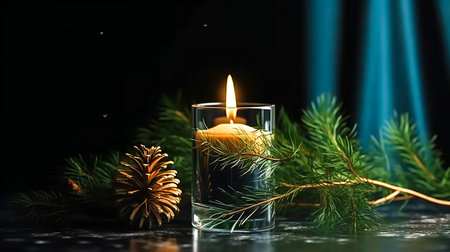 Christmas background with a burning candle, a cone and branches of a Christmas tree.の素材