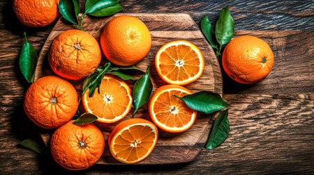 Fresh oranges, cele and plovinka on a wooden background, top view.の素材