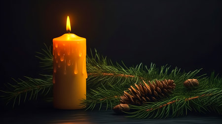 Christmas background with a burning candle, a cone and branches of a Christmas tree.の素材