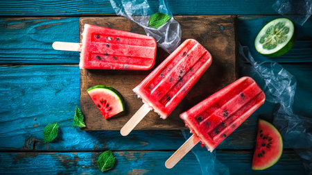 Watermelon ice cream on a wooden background, top view.の素材