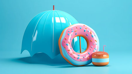Sun umbrella and swimming circle on a blue background.の素材