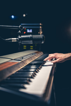 A mans hand plays the piano keys in a dark interior of a music studio.の写真素材
