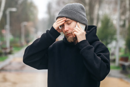 Man talking on the phone and holding his head, bad news.の写真素材