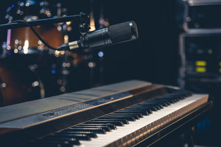 Piano and and microphone on a dark background in the interior of a music studio,の写真素材