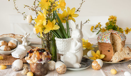 Easter holiday table with eggs, traditional pastries and flowers daffodils.