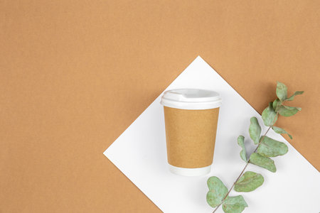 Craft paper coffee cup and eucalyptus sprig on eco background, flat lay.の写真素材