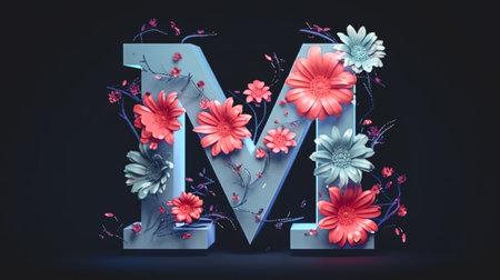 Creative letter M concept made of fresh Spring flowers. Flower font concept.の素材