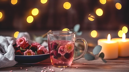 Cozy composition with a cup of tea, candles and flowers on a blurred background with bokeh.の素材