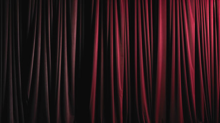 Closed dark red drapes with satin velvet light effect for background.の素材